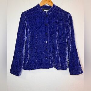 Chico's Blue Velvet Top/Blazer with Quilted Texture Silk Embroidered